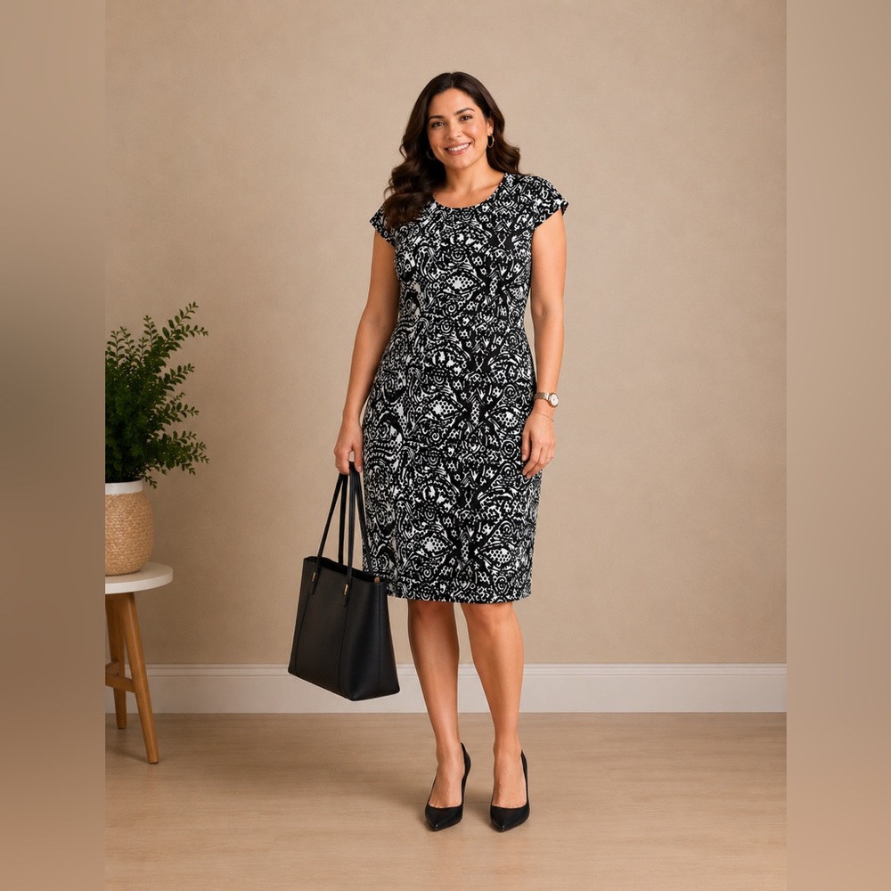 Chico's Black and White Abstract Print Knee Length  Dress Size 12/Large